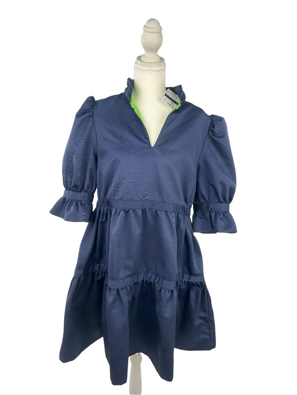 Gretchen Scott Teardrop Dress NWT M Navy Neon Puff Sleeve Preppy Resort